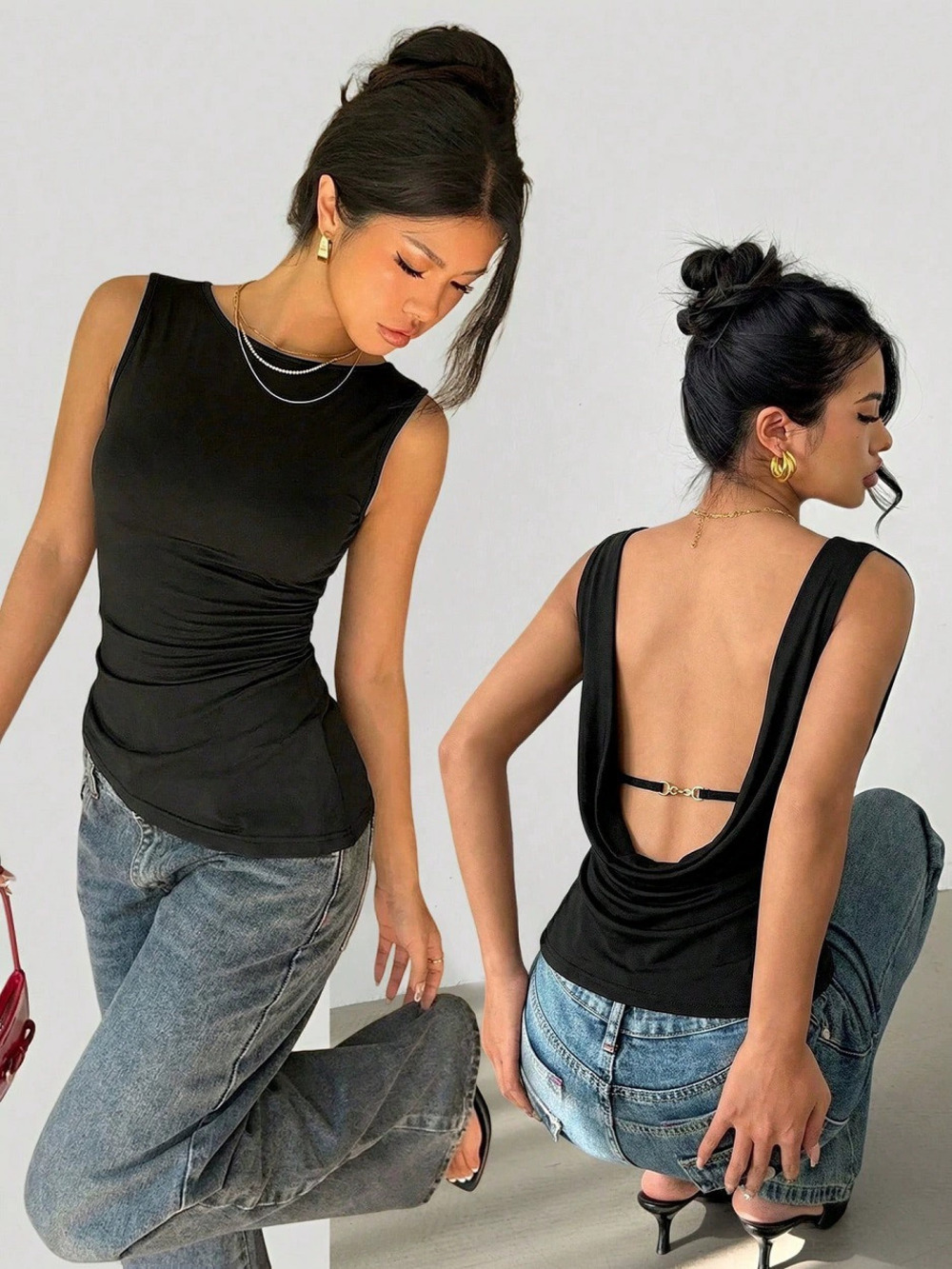 Zara Sleeveless Pleated Waist Cincher Tight Stretch Slim Fit Solid Top